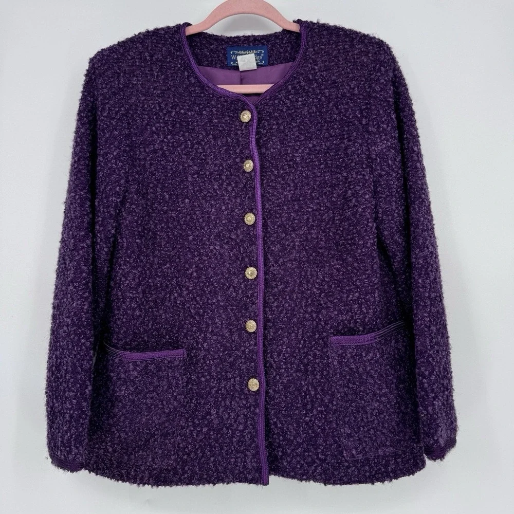 Willow Ridge 10P Purple Boucle Wool Knit Cardigan Jacket Gold Button Coquette